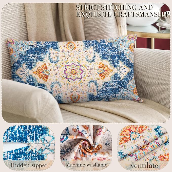 Boho Throw Pillow Covers 12x20 inch Set of 2,Boho Vintage Carpet Pattern Antique Ethnic Decor Double Sided Pattern Cushion Cover Soft Pillow Case Living Sofa Room Bed Square Pillow Cover