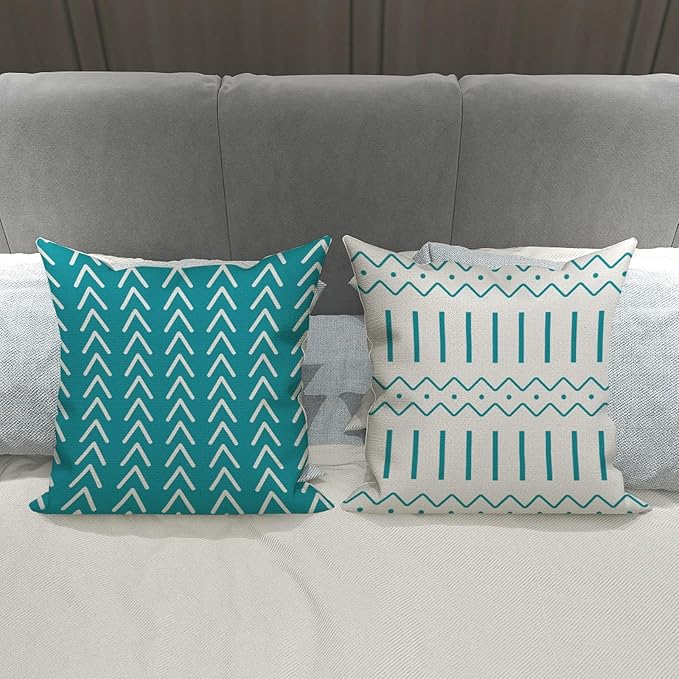 YCOLL Pillow Covers 20x20 Set of 4, Modern Sofa Throw Pillow Cover, Decorative Outdoor Linen Fabric Pillow Case for Couch Bed Car, Aqua Blue