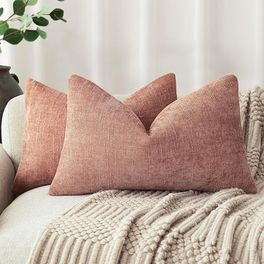 Foindtower Pack of 2 Soft Textured Chenille Throw Decorative Pillow Covers Square Accent Solid Cushion Cover Neutral Lumbar Pillow Case for Couch Sofa Bedroom Living Room 12x20 Inch,Dusty Pink