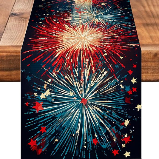 Blue Red Fireworks Burlap Table Runner Seasonal Spring Fall Kitchen Dining Linen Table Decoration for Indoor Outdoor Home Party Dinner 13x72 Inch