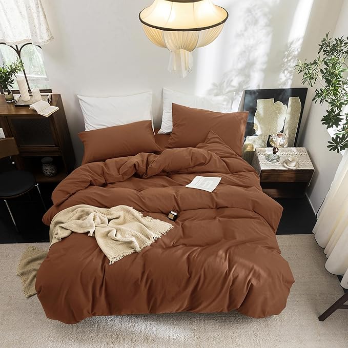 FOSSA Duvet Cover Set 100% Washed Cotton Linen Feel Super Soft Breathable Cozy 3 Pieces Bedding Sets Solid Dark Orange Super King