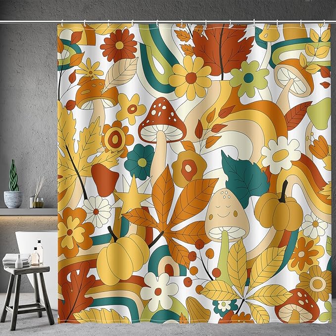 Aimego Cute Mushroom Shower Curtain - 70s Retro Boho Floral Plant Funky Groovy Flowers Hippie Fabric Cloth Bath Shower Curtain Set with 12 Hooks for Bathroom Decor Accessories, 72"x72"