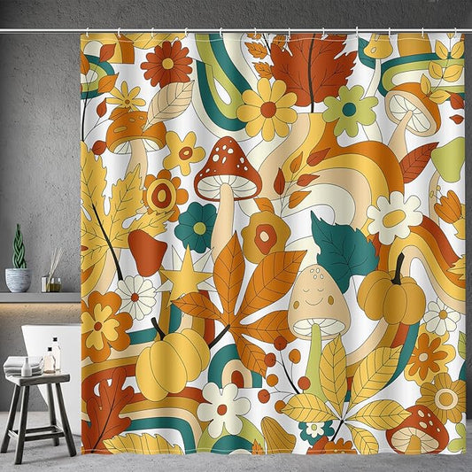 Aimego Cute Mushroom Shower Curtain - 70s Retro Boho Floral Plant Funky Groovy Flowers Hippie Fabric Cloth Bath Shower Curtain Set with 12 Hooks for Bathroom Decor Accessories, 72"x72"