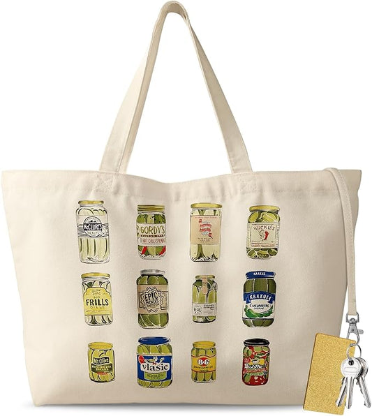 Large Tote Bag for Women - Aesthetic Cute Big Canvas Bags with Zipper Cotton Shoulder Bag for Gym, Travel, Work