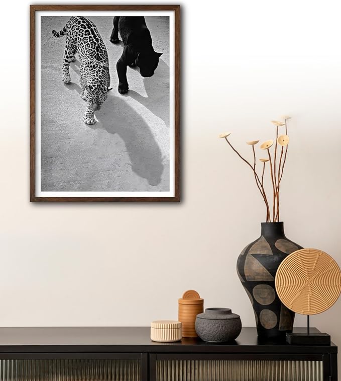 EcoHest Cheetah and Jaguar Walking Framed Wall Art, Walnut Color 12x16 in OAK Wood Vintage Black and White Funny Bathroom Canvas Art, Fashion 1950s Poster Decor, Set of 1 for Bedroom Living Room