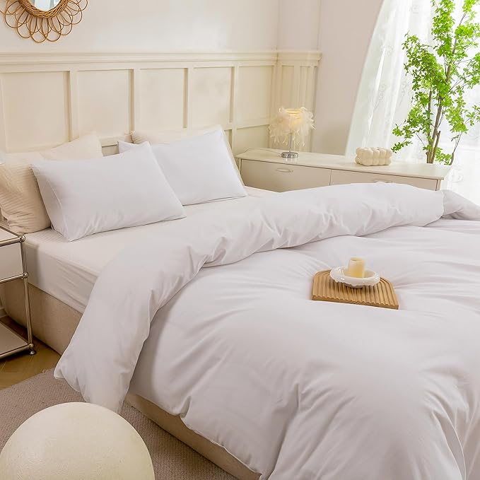 ECOCOTT White Duvet Cover Queen Size - 100% Washed Cotton Durable Soft Comfy Duvet Cover Set, Lightweight and Breathable with Zipper Closure & Corner Ties (White, 90''x90'')