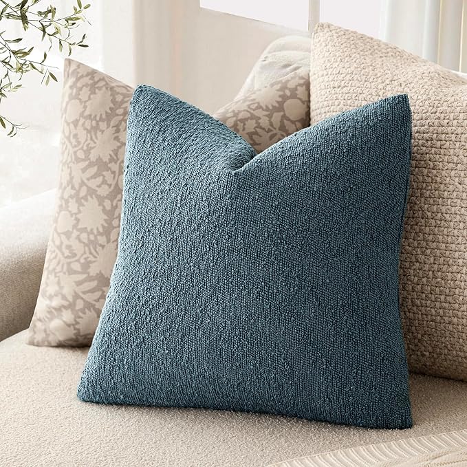 Foindtower Pack of 2, Decorative Textured Boucle Throw Pillow Covers Accent Solid Pillow Cases Cozy Soft Couch Cushion Case for Chair Sofa Bedroom Living Room Home Decor 22x22 Inch Misty Blue