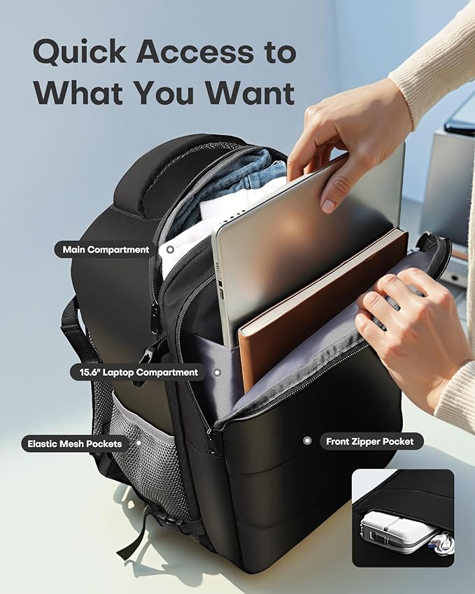 HOTOR Travel Backpack - Flight Approved Travel Bag for Men and Women, Carry on Luggage for 15.6" Laptop and Travel Essentials for Work, Business, Weekender, College 12.8"x8.3"x18.5" (Black)