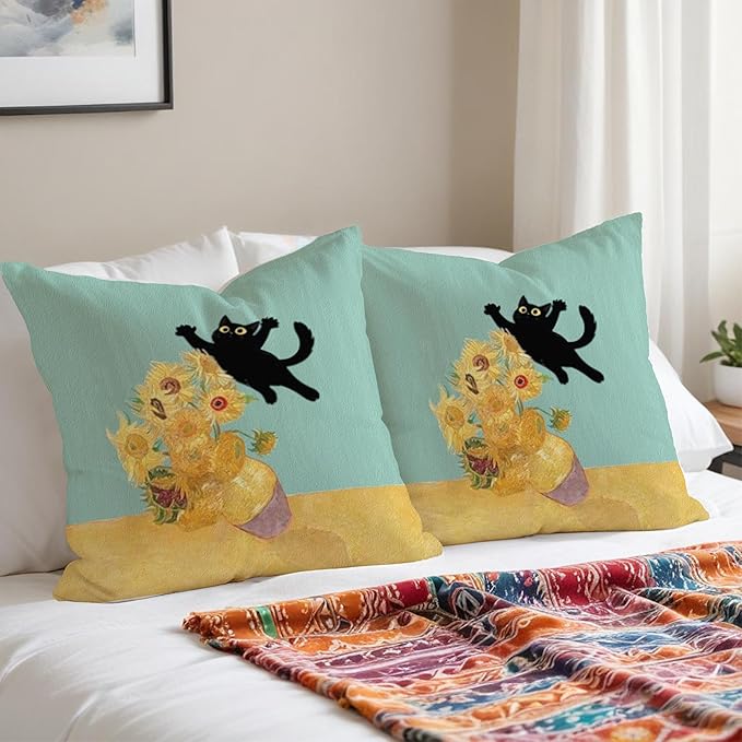 Floral Black Cat Pillow Covers 18x18, Cats Lovers Mom Grandma Gifts for Mother's Day, Funny Van Gogh Sunflower Black Cat Art Pillow Covers for Home Bedroom Living Room Office Decor