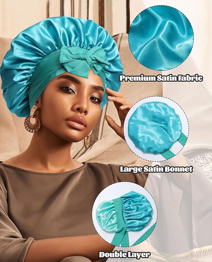 Satin Bonnet Silk Bonnet for Sleeping Silk Sleep Cap Double Layer Hair Bonnet with Elastic Tie Band for Curly Hair Night Cap (Peacock green+Wheat green)