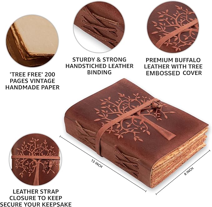 LEATHER VILLAGE Tree of Life Journal - 13 X 8 inches - Red Brown - 200 Antique Deckle Edge Handmade Paper – Book of Shadows - Vintage Leather Bound Journal for Women & Men