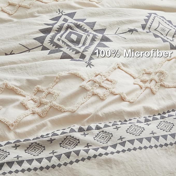 Oli Anderson Boho Duvet Cover Set Twin Size, Beige and Gray Color Clash 2 Pieces Microfiber Bedding Set, Durable and Super Soft Duvet Covers with Zipper and Ties, 68"*90"