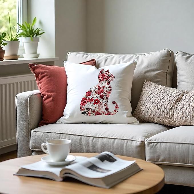 Red and White Floral Cat Pillow Covers 18x18, Gifts for Cat Lovers Mom Lady Owners, Elegant Kitten Kitty Decorative Pillow Covers for Home Bedroom Living Room Decor, Pet Lover Gifts