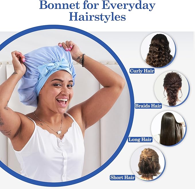 Silk Satin Bonnet Hair Wrap for Sleeping Women, Adjustable Tie Band Double Layer Sleep Night Head Cover for Curly Braid Fine