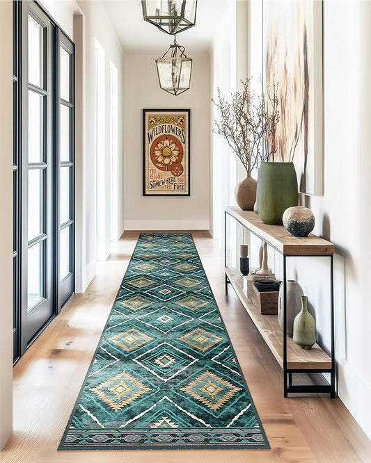 Area Rug 2x10 Rug Machine Washable Non-Slip Low Pile Print Pattern Western Rug for Living Room Bedroom Entryway Tribal Series -Teal/Green