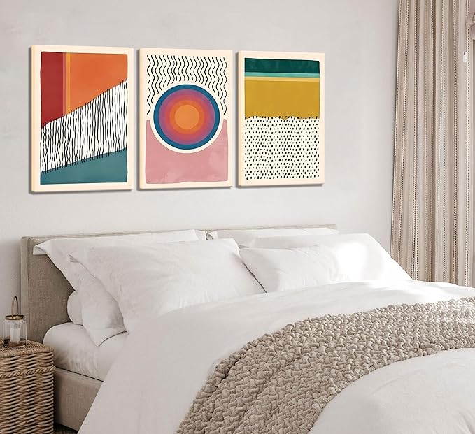 Set of 3 Framed Boho Wall Art Mid Century Modern Wall Decor Posters Abstract Color Block Geometric Canvas Paintings Prints Colorful Simple Line Pictures for Living Room Bedroom Home Decoration