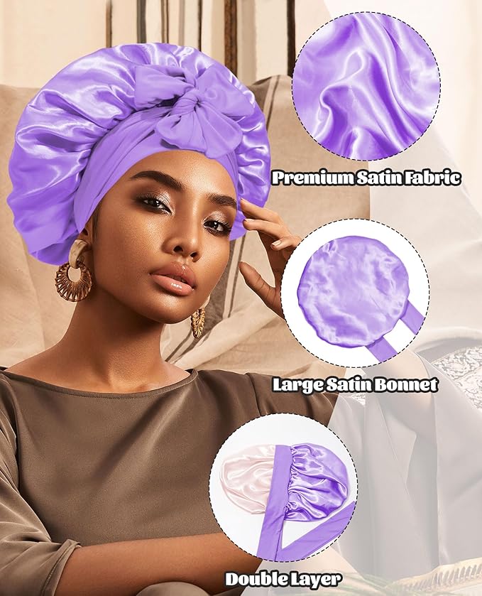 Satin Bonnet Silk Bonnet for Sleeping Silk Sleep Cap Double Layer Hair Bonnet with Elastic Tie Band for Curly Hair Night Cap (Light Purple+Champagne)