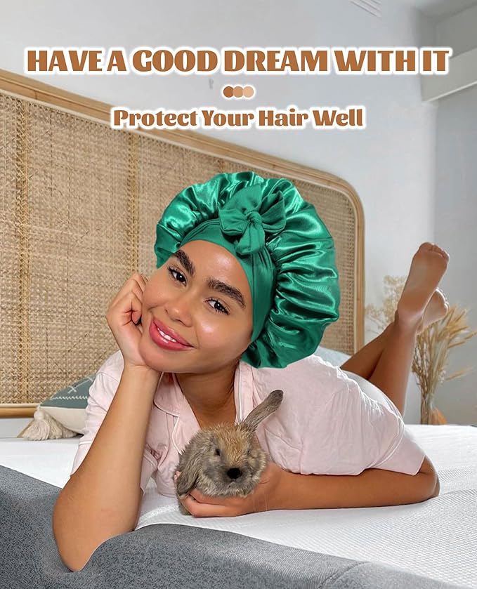 Satin Bonnet Silk Bonnet for Sleeping Silk Sleep Cap Double Layer Hair Bonnet with Elastic Tie Band for Curly Hair Night Cap (Dark Green+Black)