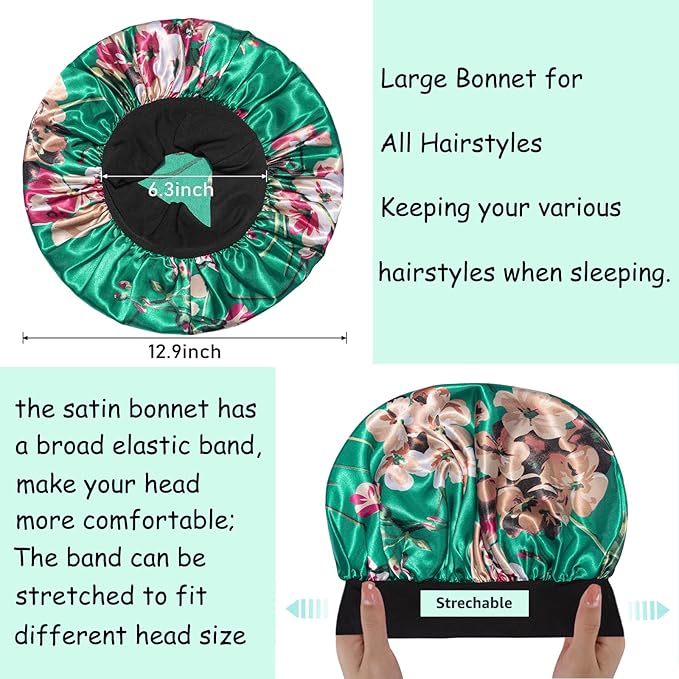 3 Pack Satin Bonnet Silk Hair Bonnet for Sleeping, Sleep Bonnets for Women Large Wide Soft Band Sleep Cap for Curly Hair Braids
