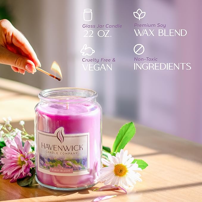 Havenwick First Bloom Soy Blend 22-oz Large Jar Candle, Long Lasting 110-130 Hour Burn Time with Single Cotton Wick, Relaxing Scented Candles for New Home Gift & Housewarming Parties