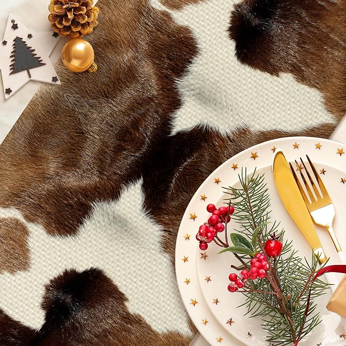 Cow Print Table Runner Seasonal Spring Fall Kitchen Dining Linen Table Decoration for Indoor Outdoor Home Party Dinner 13x72 Inch