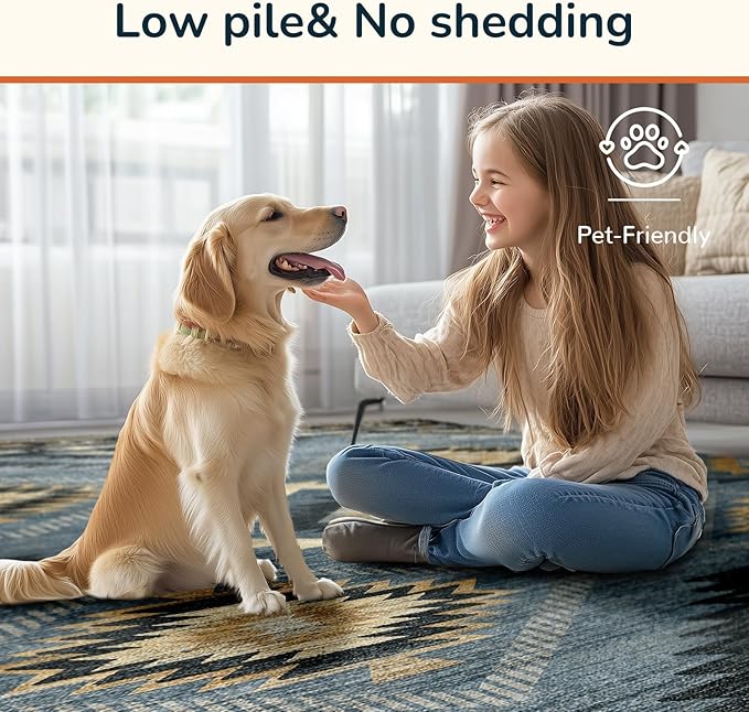 BESTSWEETIE Area Rug 9x12 Rug Machine Washable Non-Slip Low Pile Print Pattern Western Rug for Living Room Bedroom Navy/Grey