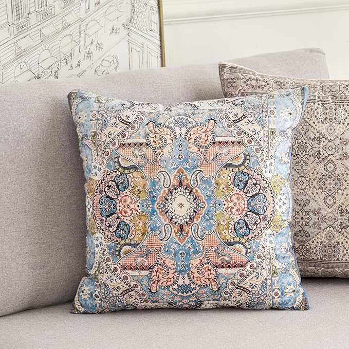 Boho Floral Throw Pillow Covers 20x20 inch Set of 2,Blue Boho Rug Geometric Floral Pattern Decor Double Sided Pattern Cushion Cover Soft Pillow Case Living Sofa Room Bed Square Pillow Cover