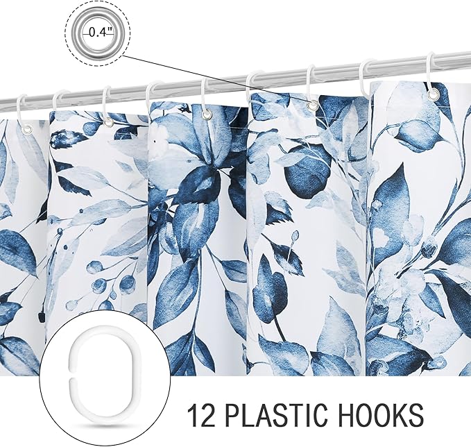 Gibelle Navy Blue Eucalyptus Shower Curtain, Watercolor Plant Leaves with Floral Bathroom Shower Curtain Set with Hooks, 72x72