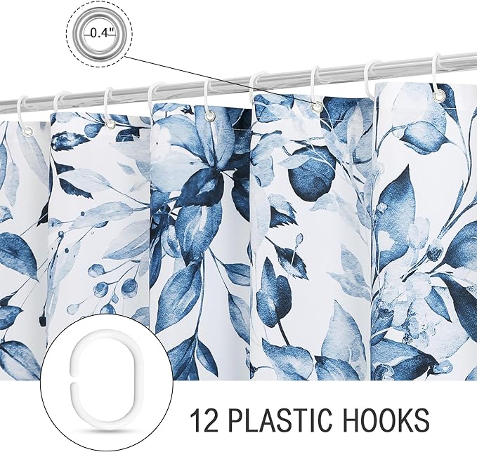Gibelle Long Shower Curtain 72 x 78, Navy Blue Floral Shower Curtain for Bathroom, Watercolor Plant Eucalyptus Leaves Fabric Shower Curtain Set with Hooks