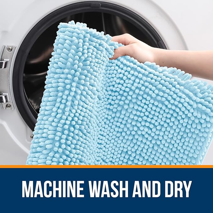 OLANLY Bathroom Rugs 59x24, Extra Soft Absorbent Chenille Bath Rugs, Rubber Backing Quick Dry, Machine Washable Bath Mats for Bathroom Floor, Tub and Shower, Home Decor Accessories, Sky Blue