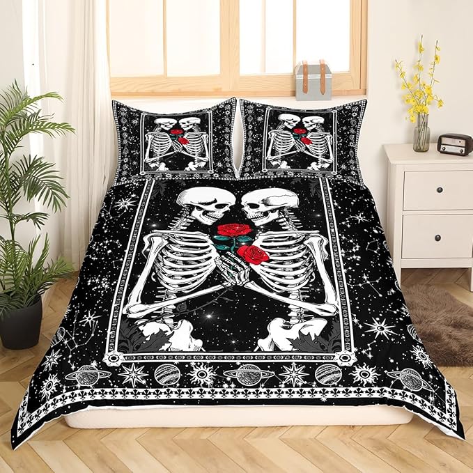 Skull Full Size Duvet Cover,Kissing Lovers Skeleton Sugar Skull Bedding Set 3pcs for Kids Teens,Starry Galaxy Constellation Comforter Cover Soft Quilt Cover Bedroom Decor Bedspread,No Comforter
