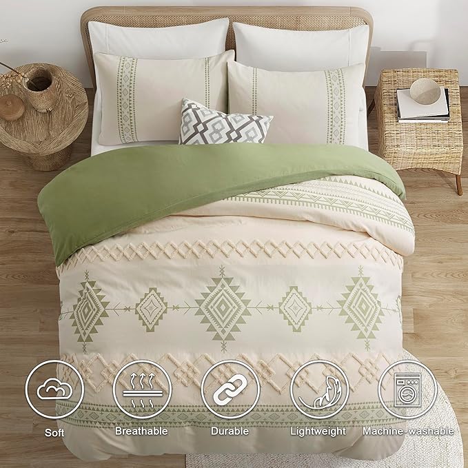 Oli Anderson Boho Duvet Cover Set Twin Size, Beige and Sage Green Color Clash 2 Pieces Microfiber Bedding Set, Durable and Super Soft Duvet Covers with Zipper and Ties, 68"*90"