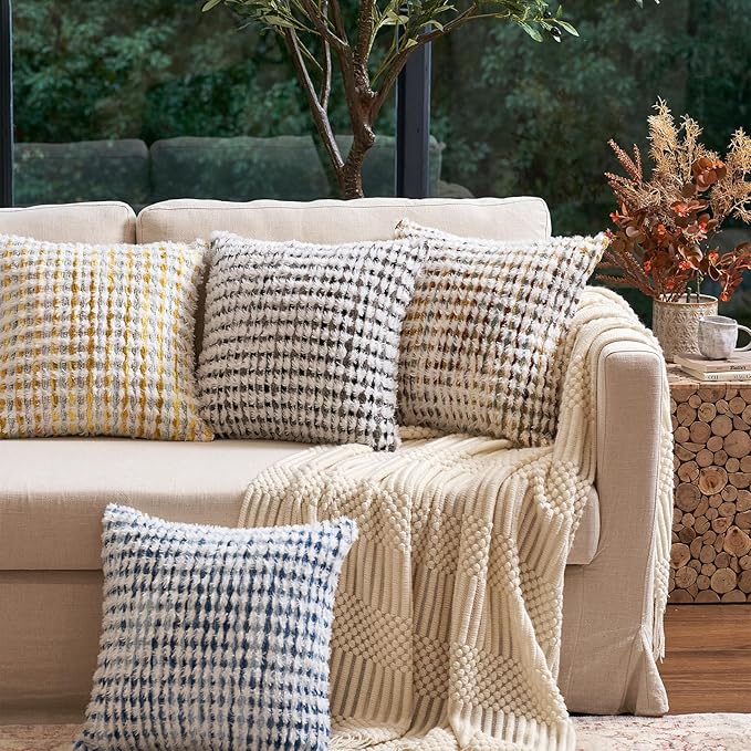 Aeckself Boho Chenille Tufted Pillow Cover 20x20 Inch, Decorative Square Throw Pillow Cover Neutral Pillowcase for Couch Bedroom Living Room, Blue White