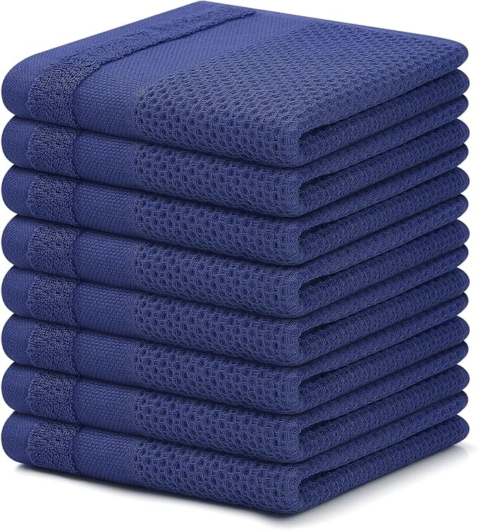 Homaxy 100% Cotton Dish Cloths, 8 Pack - 12 x 12 Inches, Waffle Weave Super Soft and Absorbent Dish Towels Quick Drying Dishcloths, Navy Blue