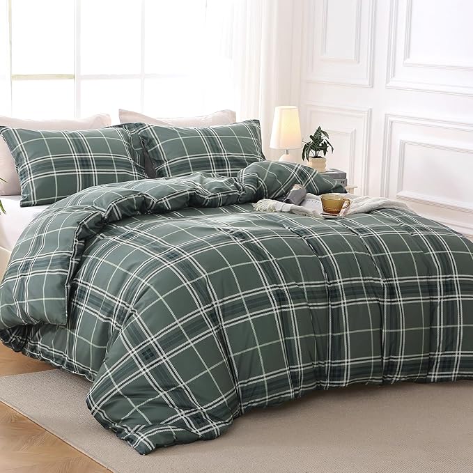 MUXHOMO Duvet Cover Queen Size, Reversible Floral Grey Plaid Duvet Cover Set with Zipper Closure, 3 Pieces Botanical Patterns Soft Microfiber Bedding Set with 4 Ties (90"x90", 2 Pillow Cases)