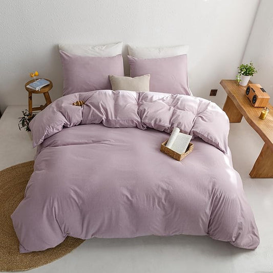 ECOCOTT Light Purple Duvet Cover King Size - 100% Washed Cotton Durable Soft Comfy Duvet Cover Set, 3 Pieces Duvet Cover with Zipper Closure (Light Purple, 104''x90'')