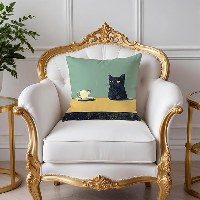 Black Cat Throw Pillow Covers 18x18, Vintage Black Cat Art Painting Decor Pillow Covers, Cats Lovers Mom Grandma Gifts, Aesthetic Cats Drinking Coffee Decor for Room Bedroom