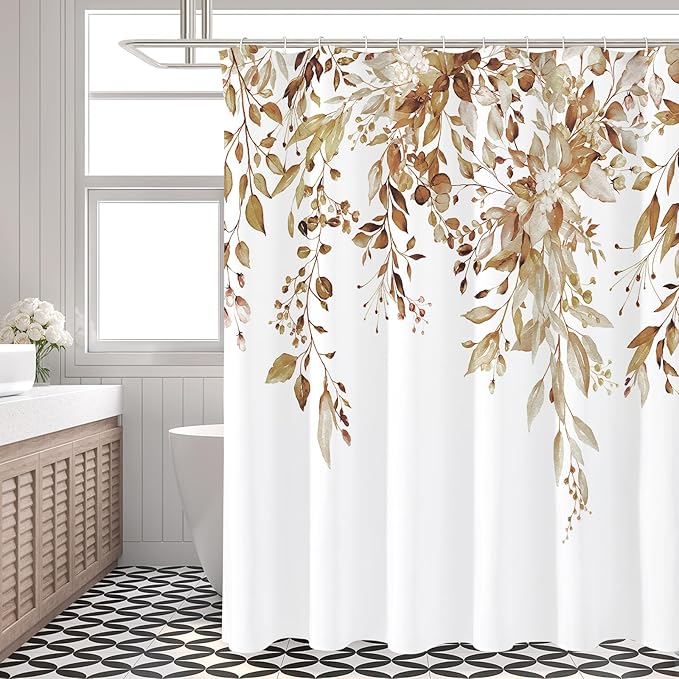 Gibelle Long Shower Curtain 72 x 78, Brown Floral Shower Curtain for Bathroom, Watercolor Plant Eucalyptus Leaves Fabric Shower Curtain Set with Hooks