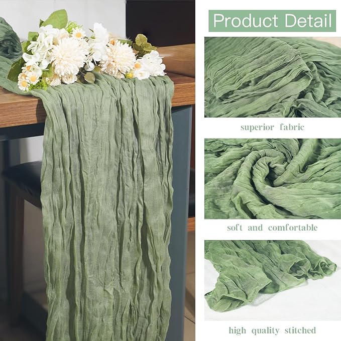 16 Pack Cheesecloth Table Runner, 35x120 Inch Boho Gauze Table Runners, Cheese Cloth Long Table Runner Elegant Table Runners for Party Wedding Bridal Shower Table Decor (Sage Green)