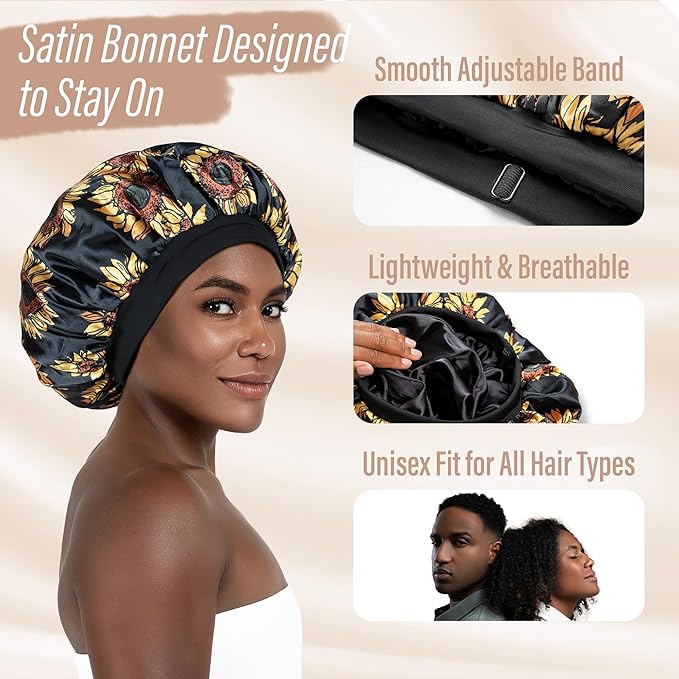 Satin Bonnet Adjustable Sleeping Silk Bonnet Black Women Men Double Layer Satin Silk Sleep Cap Hair Wrap Large Curly Hair