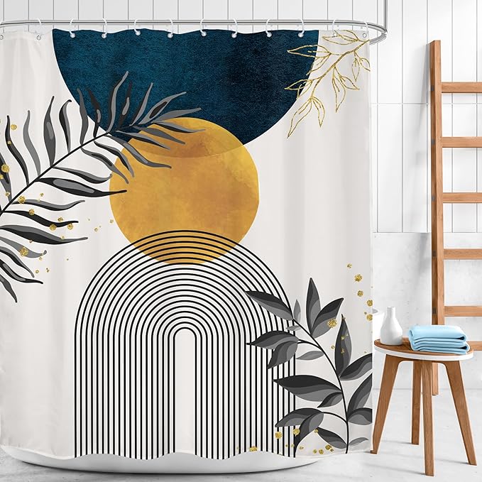 Navy Blue Boho Shower Curtain 60Wx72H Modern Bohemian Mid Century Abstract Gold Leaves Minimalist Geometric Plant Bathroom Decor Neutral Botanical Bath Curtain Fabric Polyester 12 Pack Hooks
