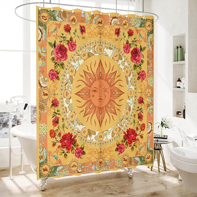 Bohemian Bathroom Curtain Colorful Boho Floral Print Beautiful Bright Polyester Fabric Cloth Shower Curtain for Bathroom Decoration, 72"x72"