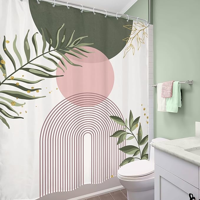 Pink Sage Green Boho Shower Curtain 60Wx72H Mid Century Modern Abstract Gold Leaves Plant Sun Bathroom Decor Minimalist Geometric Arch Line Aesthetic Bath Curtain Fabric Polyester 12 Pack Hooks