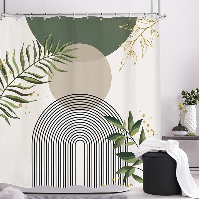 Green Boho Mid Century Shower Curtain 72Wx72H Abstract Gold Leaves Grey Modern Sun Arch Minimalist Geometric Aesthetic Plant Bathroom Decor Neutral Bath Curtain Polyester 12 Pack Hooks