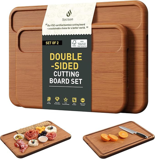 2 Packs Wood Cutting Board, Carbonized Bamboo Cutting Boards Set With Smooth Surface & Easy Storage For Busy Kitchens, Ideal Charcuterie & Chopping, Durable, Knife-Friendly for Meat Vegetables Fruits
