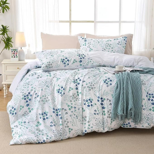 Duvet Cover King Size, Reversible Floral Vintage Duvet Cover Set with Zipper Closure, 3 Pieces Botanical Patterns Soft Microfiber Bedding Set (90"x104", 2 Pillow Cases 20"×36", Small Blue Flower)