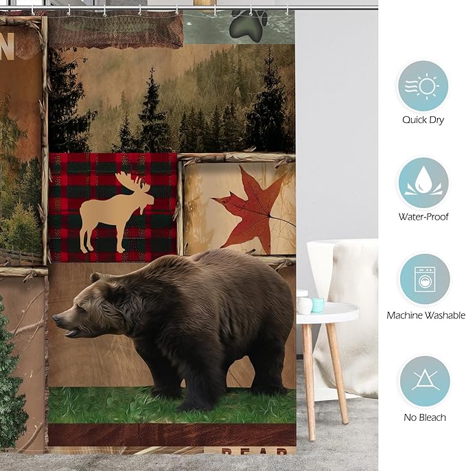 Aimego Farmhouse Cabin Shower Curtain - Rustic Western Brown Bear Deer Forest Plaid Check Moose Country Vintage Fabric Cloth Bath Shower Curtain Set with 12 Hooks for Bathroom Decor, 72"x72"
