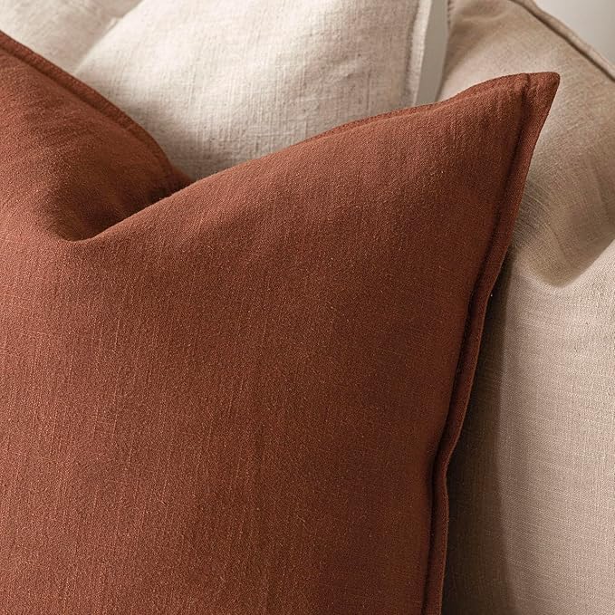 Foindtower Pack of 2, Decorative Linen Soild Throw Pillow Covers Soft Accent Cushion Case Farmhouse Neutral Pillowcase for Chair Couch Sofa Bedroom Living Room Home Decor 24 x 24 Inch Fall Rust Orange