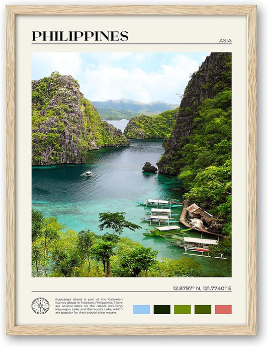 HesenDot Natural OAK Wood Framed Philippines Natural Scenery Wall Art,12x16in Busuanga Island Landscape Canvas Print,Urban Landmark Wall Decor for Living Room,Bedroom,Office Gallery,Set of 1