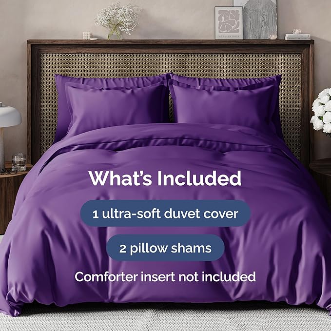 Duvet Cover Full Size Set - Extra Soft Full Size Duvet Cover 80 x 90 with 2 Pillow Shams - Hotel Luxury, Easy Care and Fade Free with Zipper Closures & Ties - Comfy, Breathable Bedding Set (Purple)
